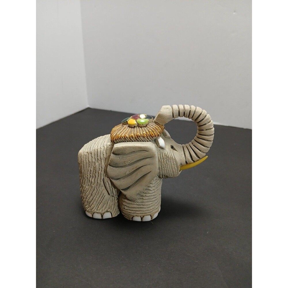 ​Lucky Elephant Figurine Signed JR | Vintage Folk Art Pottery Trunk Up Tusked‎